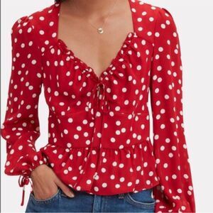 INTERMIX Eve Silk Red and White Polka Dot Long Sleeve Blouse 2 NWOT